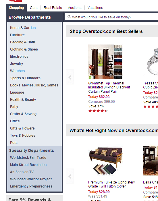 Overstock chose to use a vertical layout, and added a simple navigation menu in their site footer